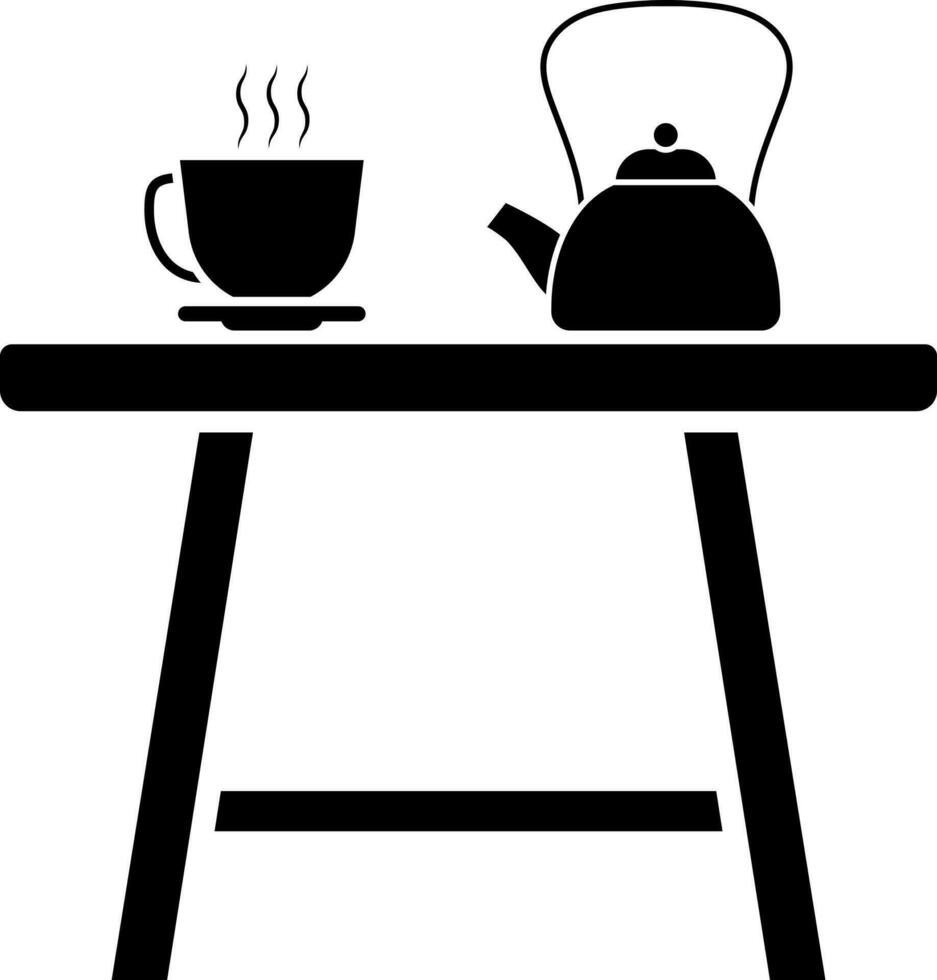 Black kettle and hot cup with plate on table. vector