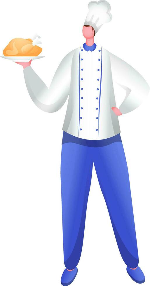 Faceless chef man presenting chicken on plate in standing pose. vector