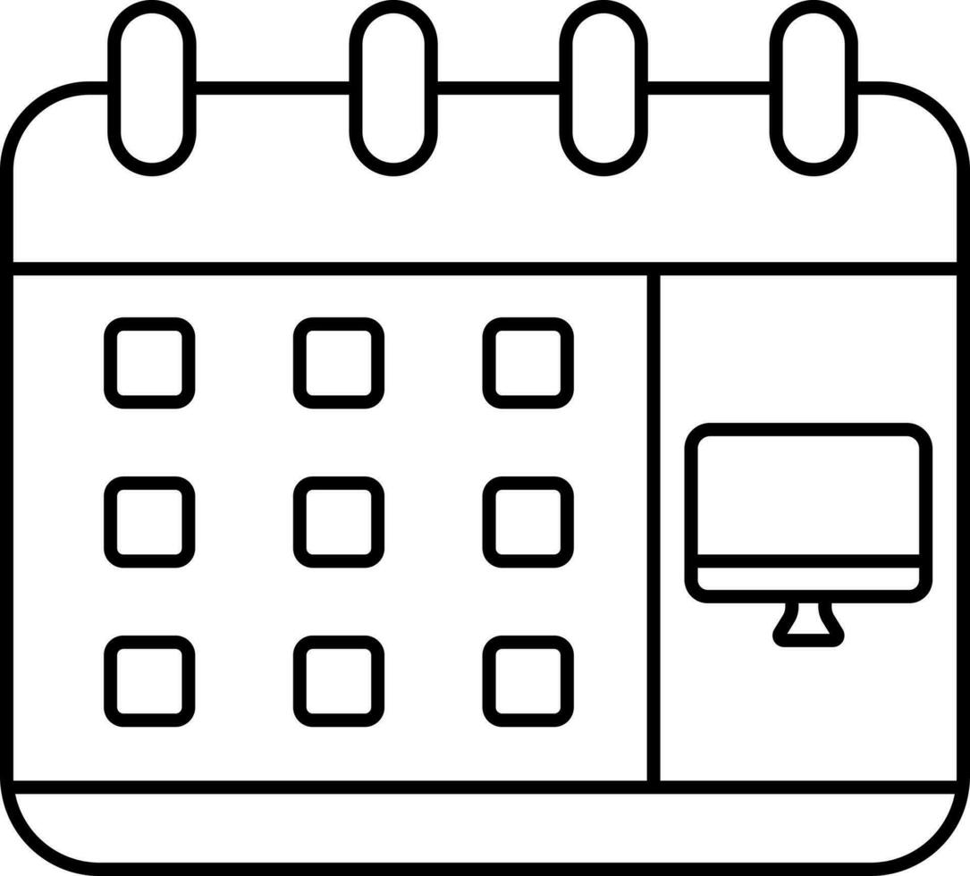 monitor con calendario negro contorno icono. vector