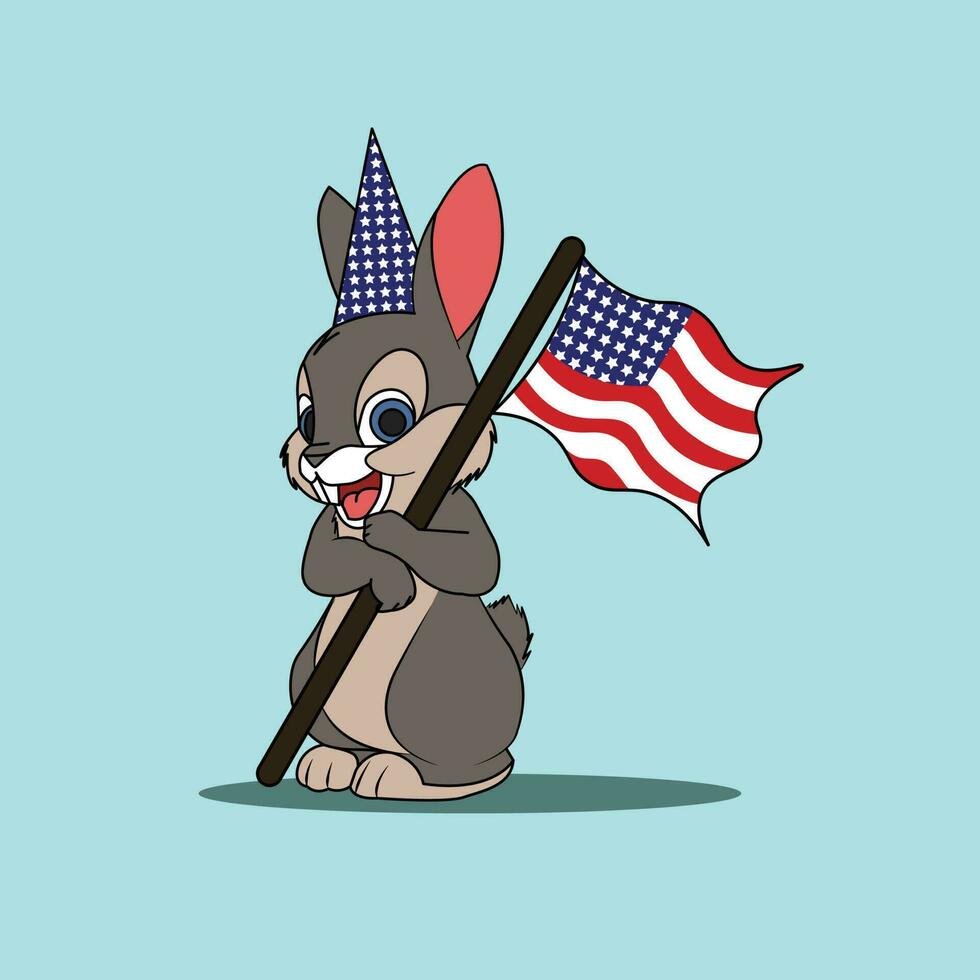cute rabbit brings flag USA on independence day vector