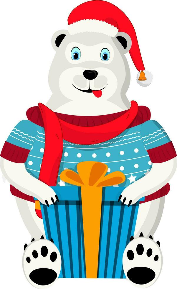 dibujos animados personaje de un polar oso sentado con regalo caja. vector