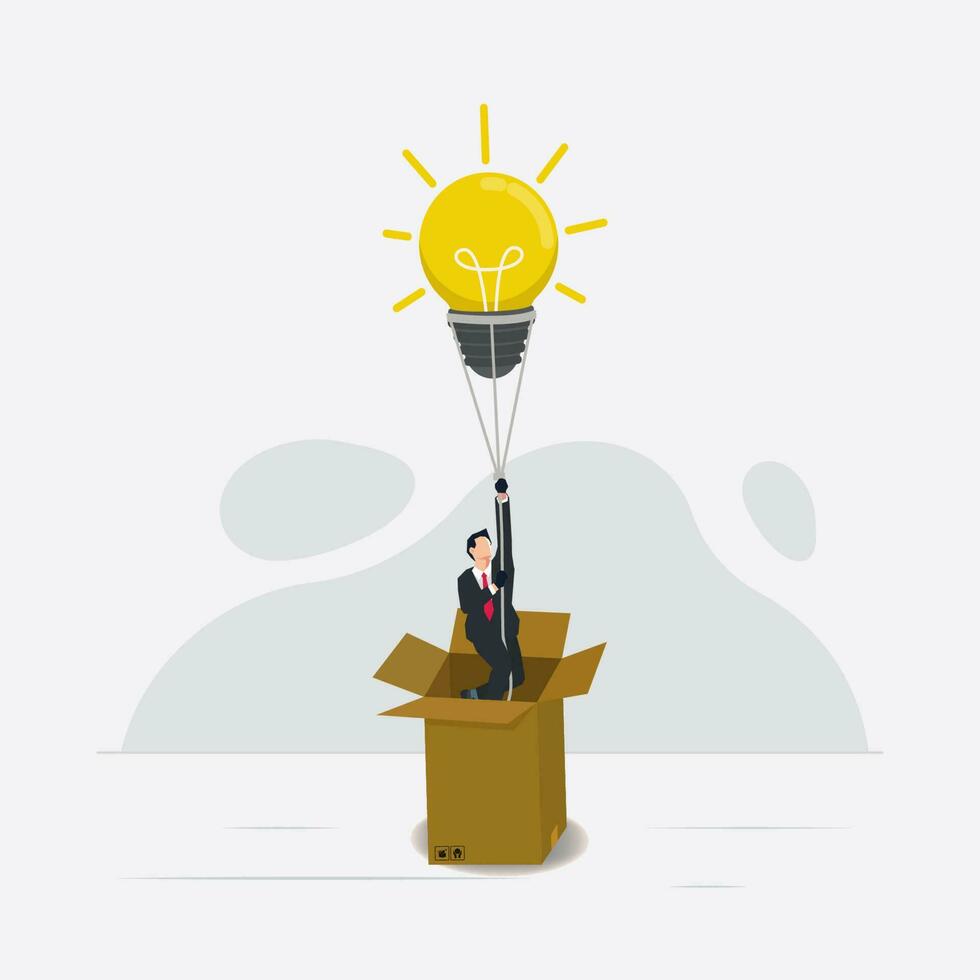 Vector businessman holding flying bulb out from cardboard. Get new creative ideas concept vector illustration