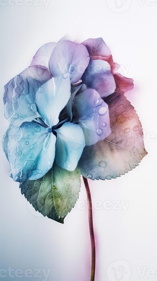 Closeup View of Water Droplets Blossom Hydrangea Flower. . photo