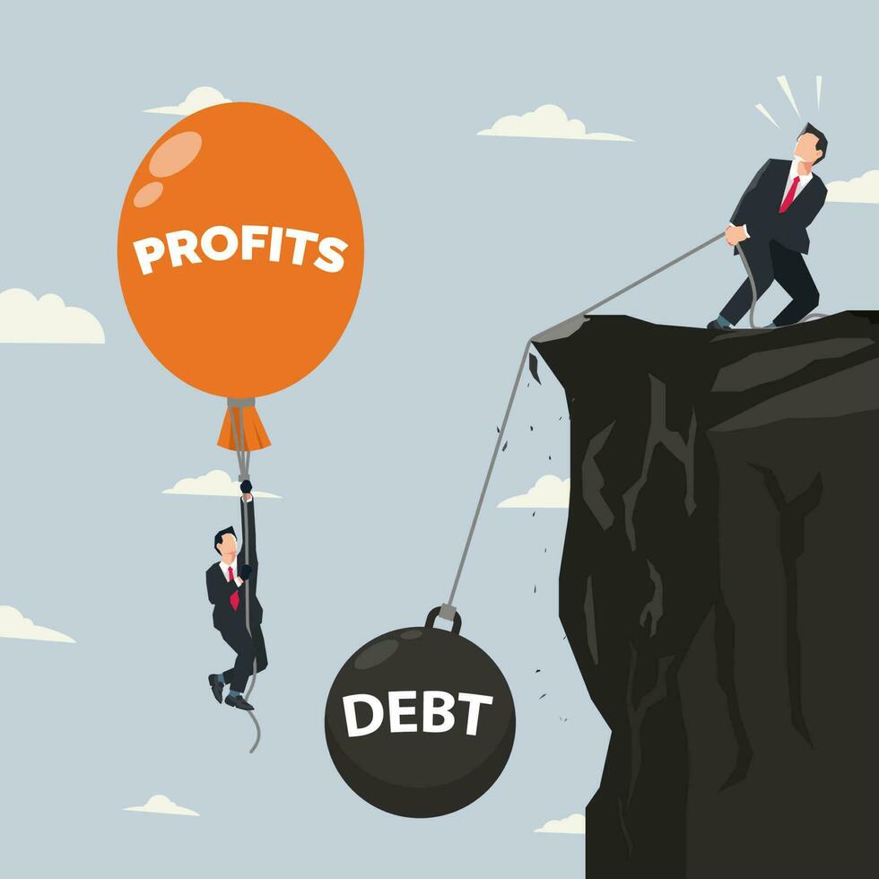 Businessman pulls up DEBT heavy burden on the cliff while the others flying with PROFITS orange balloon vector illustration