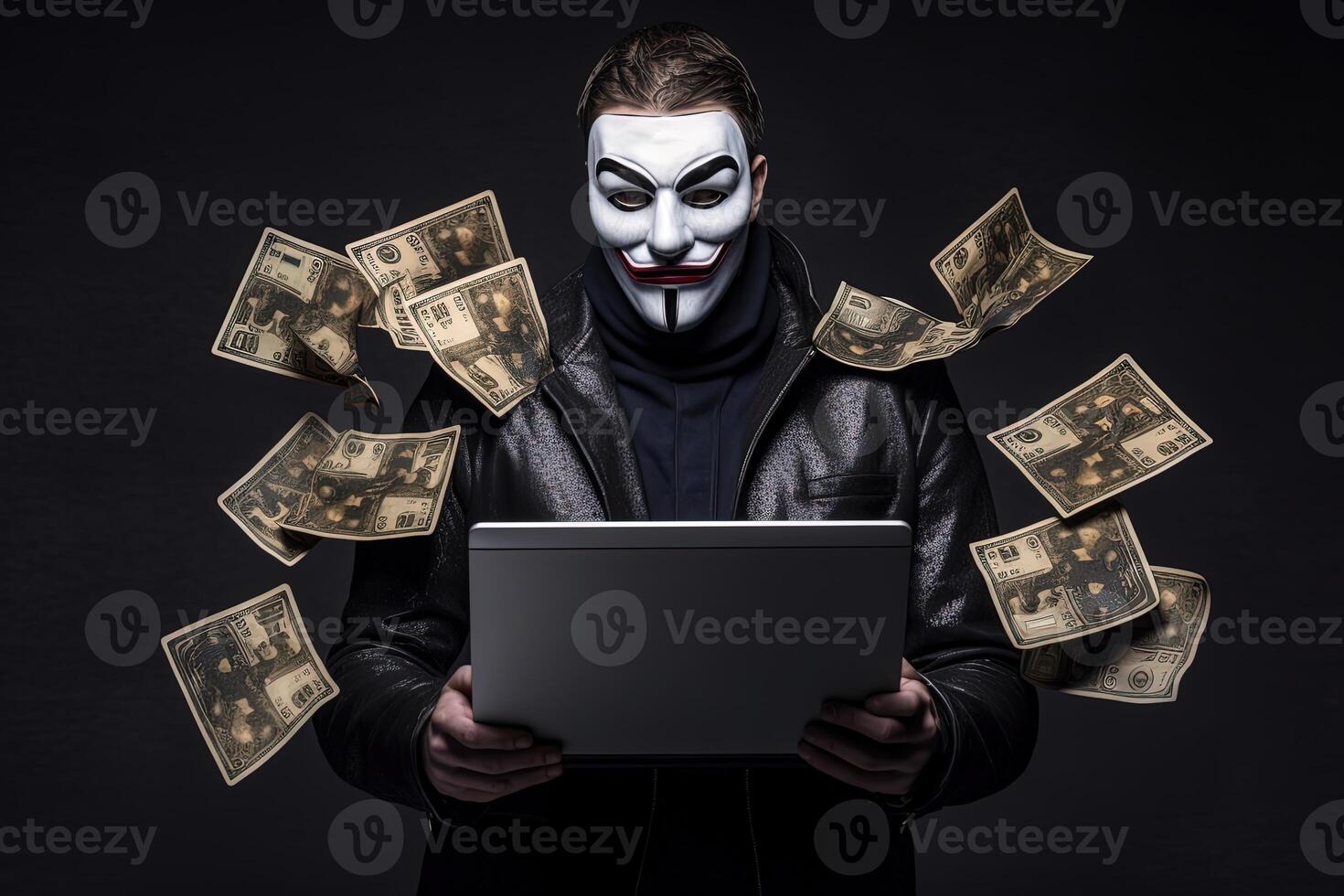 Portrait Photography of Hacker Man in Mask, Holding Laptop and Flying Ancient Paper Currency on Black Background. Technology. photo