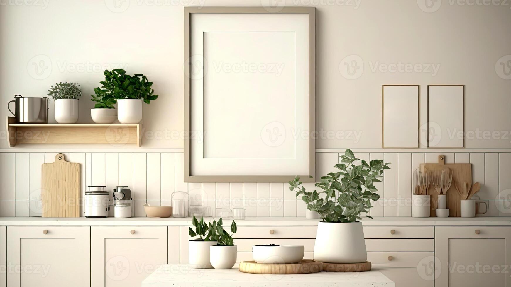 Modern Contemporary Beige Wall Kitchen, Minimalistic Design with Blank Photo Frames. Digital Illustration.