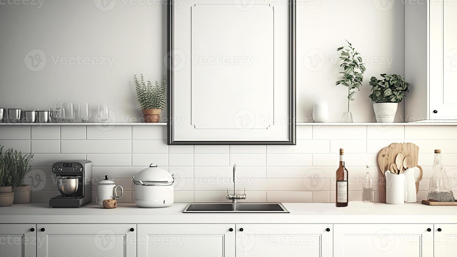 Luxurious, Modern Contemporary White Wall Kitchen, Minimalistic Design With Blank Photo Frame and a Vanity Cabinet. Digital Illustration.
