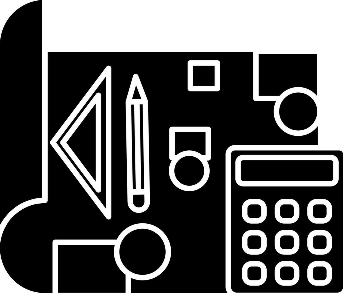 Blueprint With Calculator Icon In Black And White Color. vector