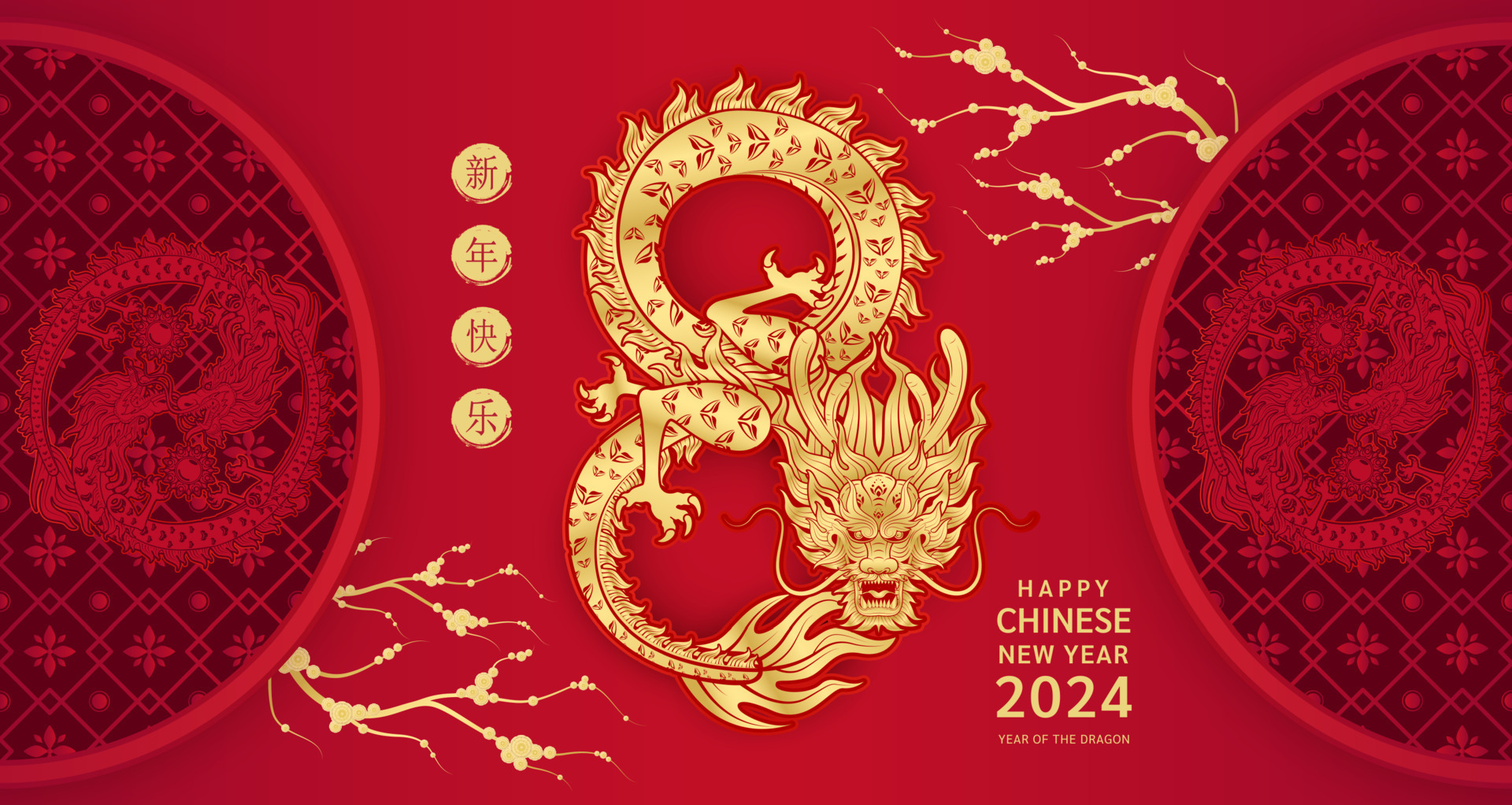 Card Happy Chinese New Year 2024. Dragon gold zodiac sign number 8 ...