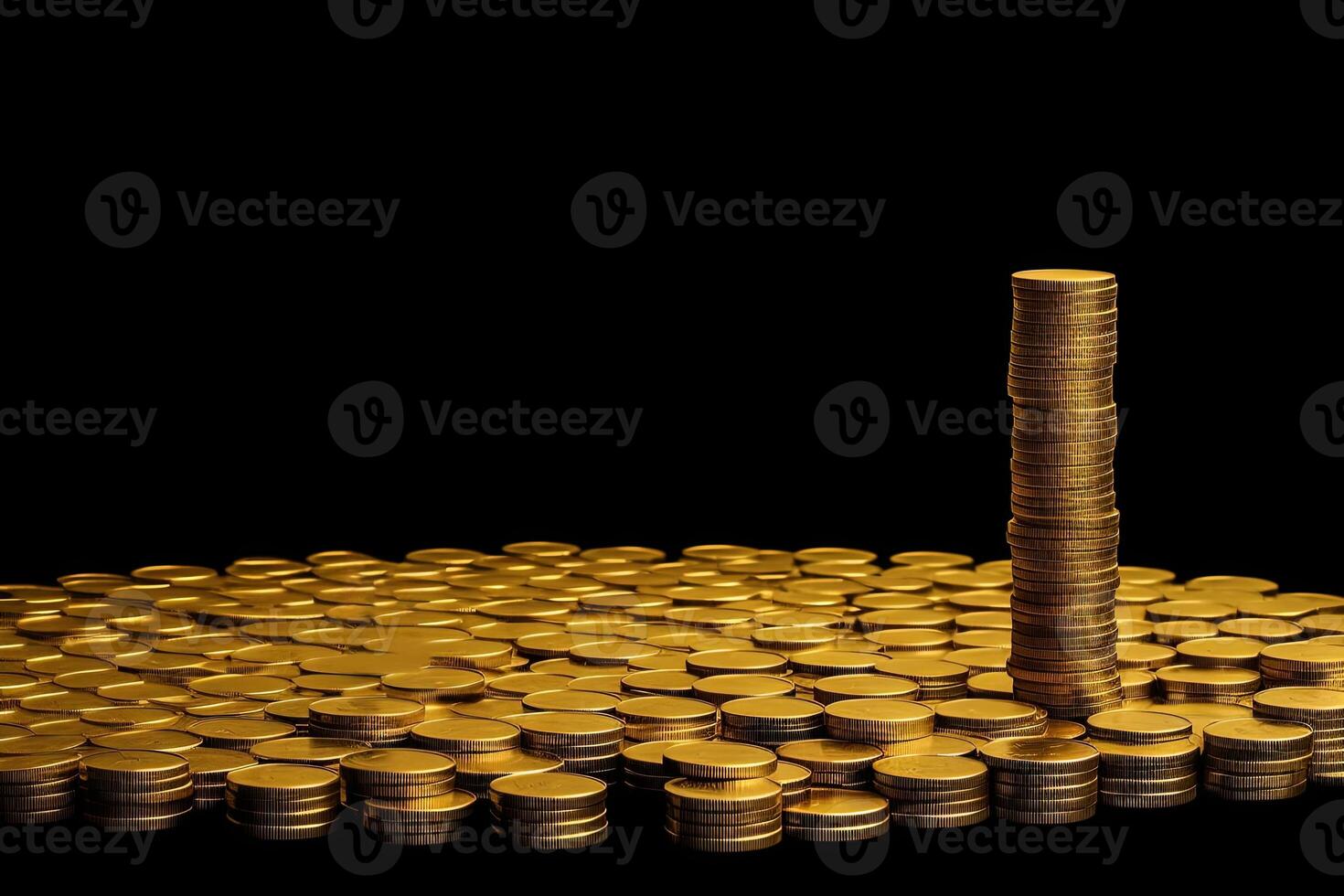 Piles of Golden Coins Stack Against Black Background. Wealth and Save Money Concept, Technology. photo