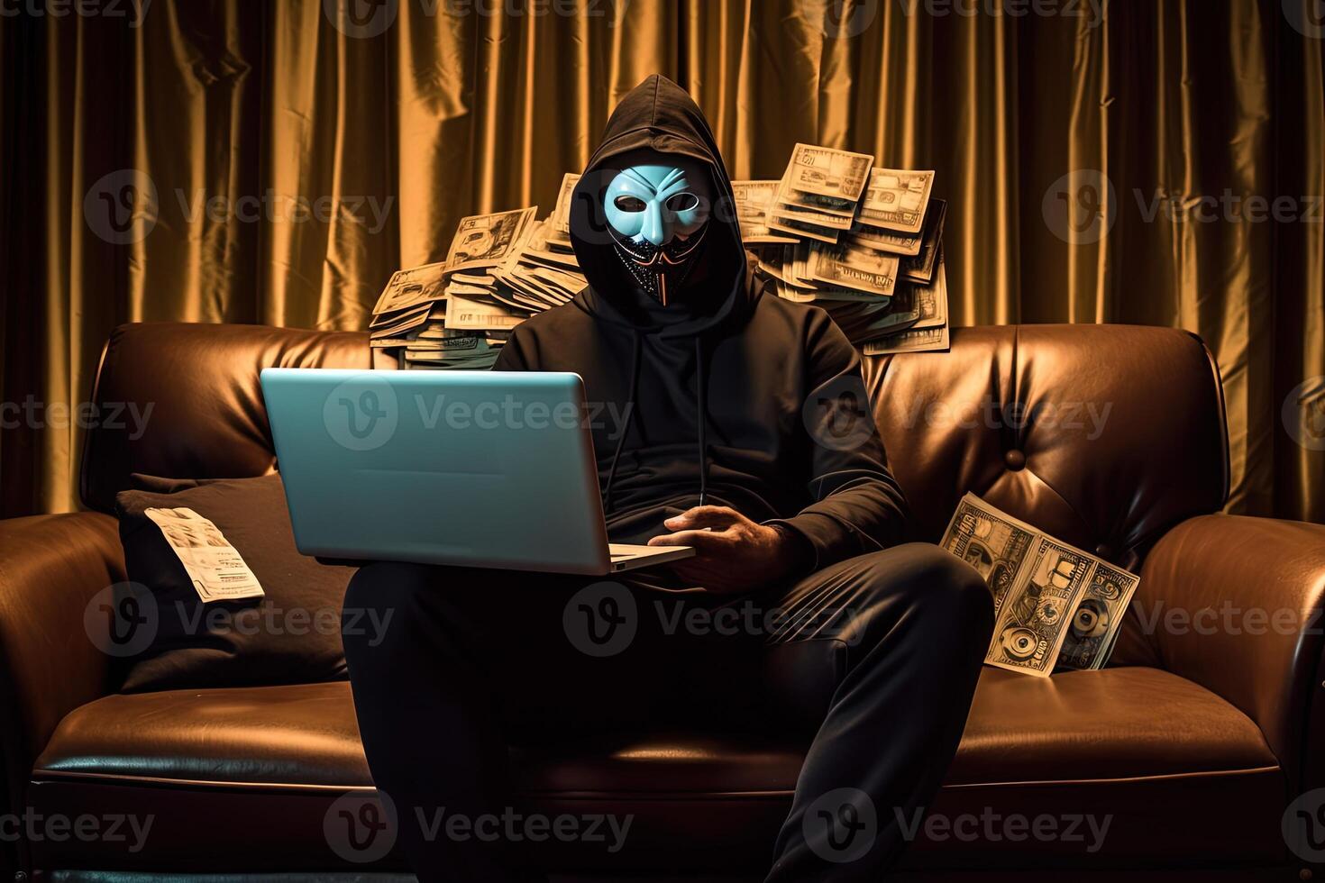 Portrait Photography of Anonymous Hacker Using Laptop on Sofa and Pile of Ancient Paper Currency Against Golden Curtain Background. Technology. photo