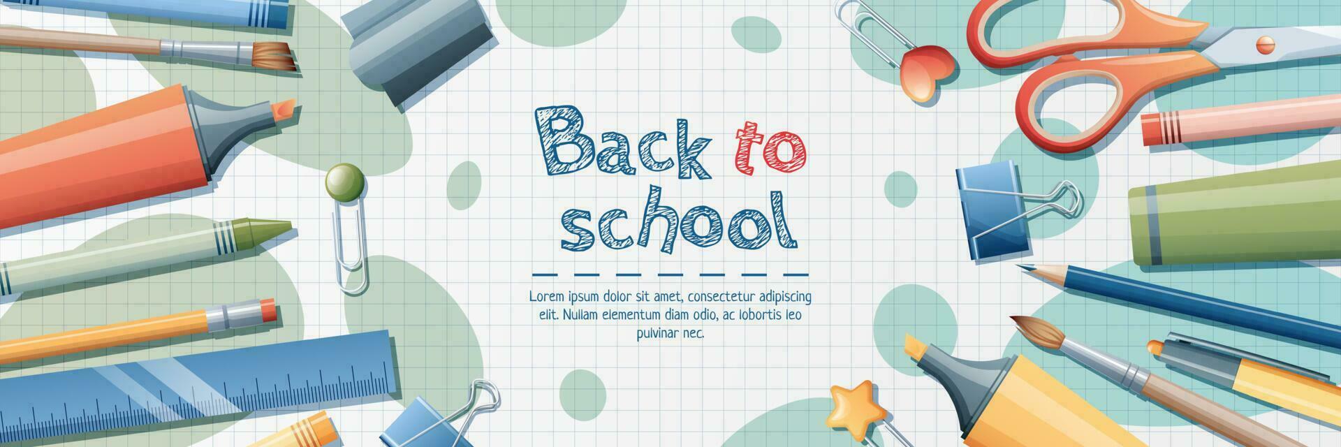 Back to school banner template. Background with stationery pencils, pen, brush, scissors, paper clips. School theme, knowledge day, study vector