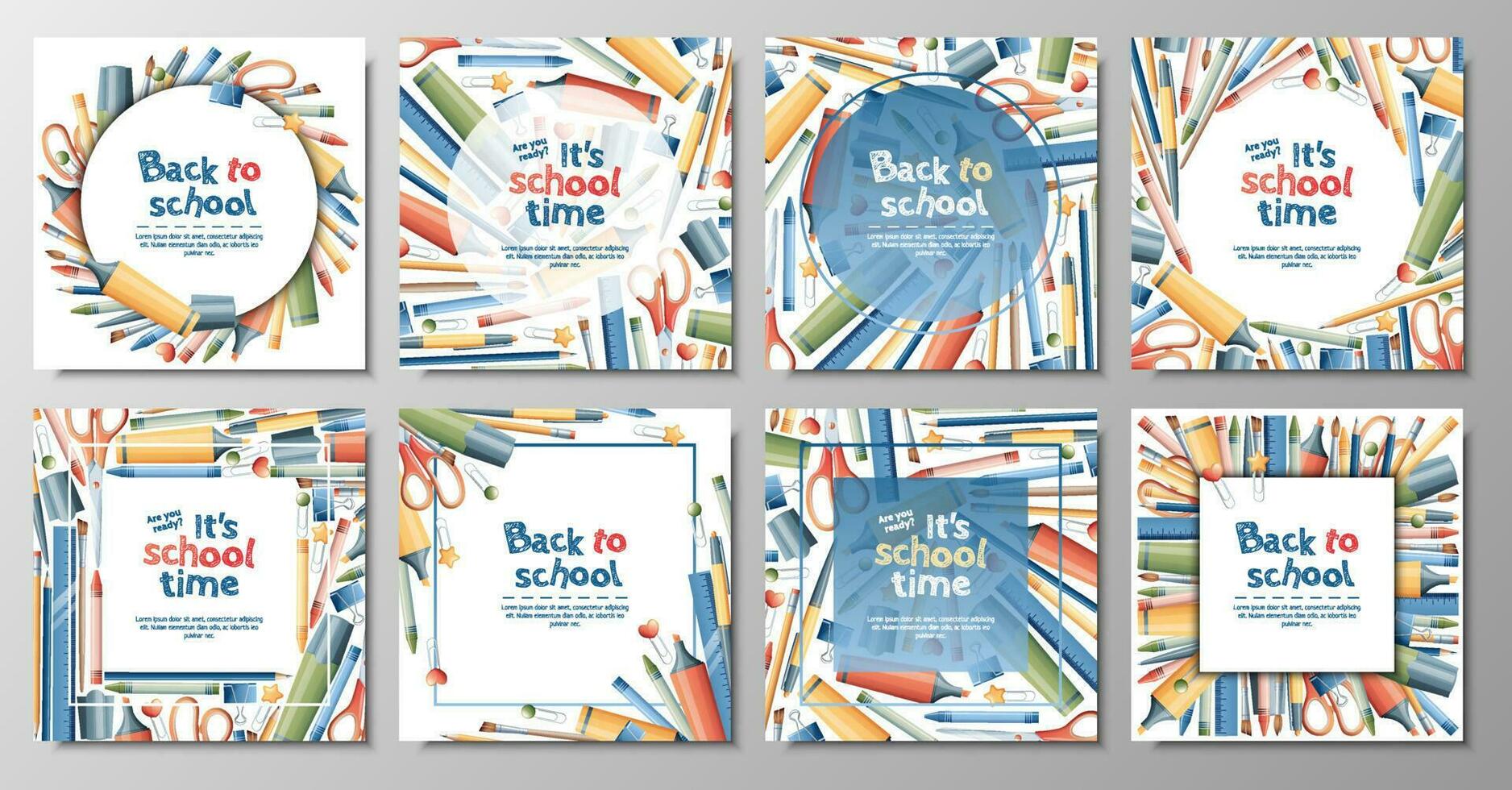 Back to school banner set. Backgrounds with stationery pencils, pen, brush, scissors, paper clips. School theme, knowledge day, study vector