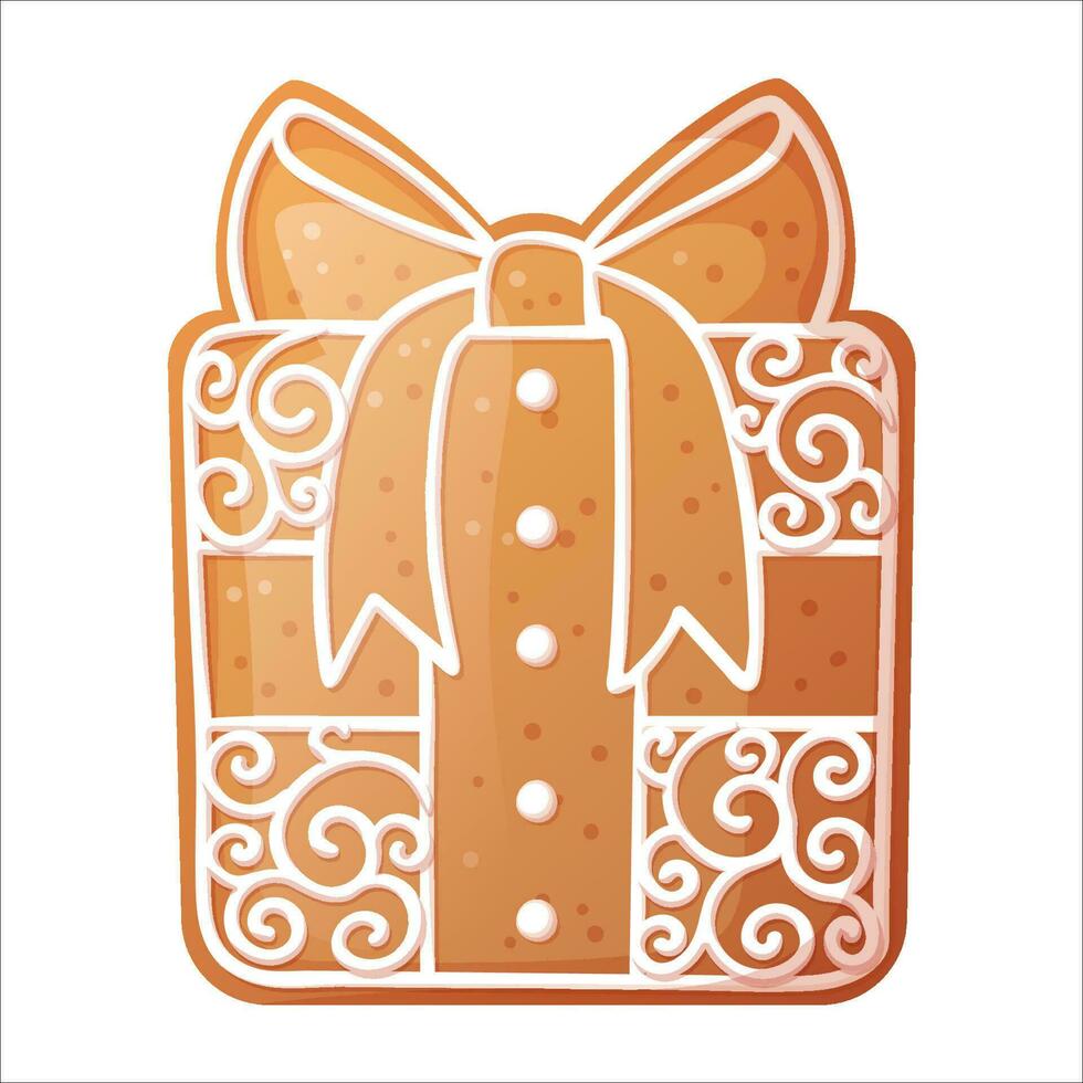 Christmas gingerbread gift with beautiful patterns of sweet icing. Holiday cookies on an isolated background. vector icon