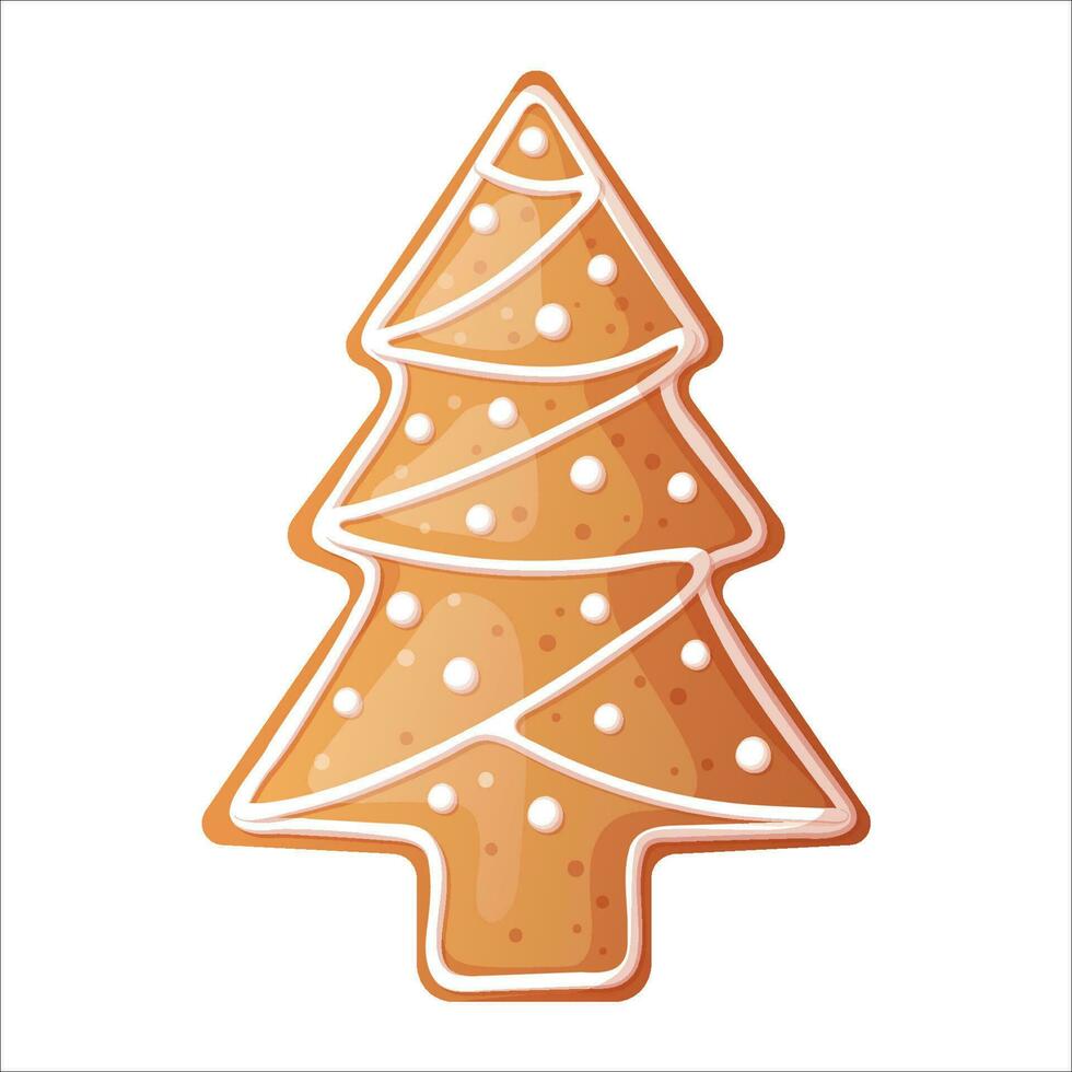 Christmas gingerbread tree with beautiful patterns of sweet icing. Holiday cookies on an isolated background. vector icon