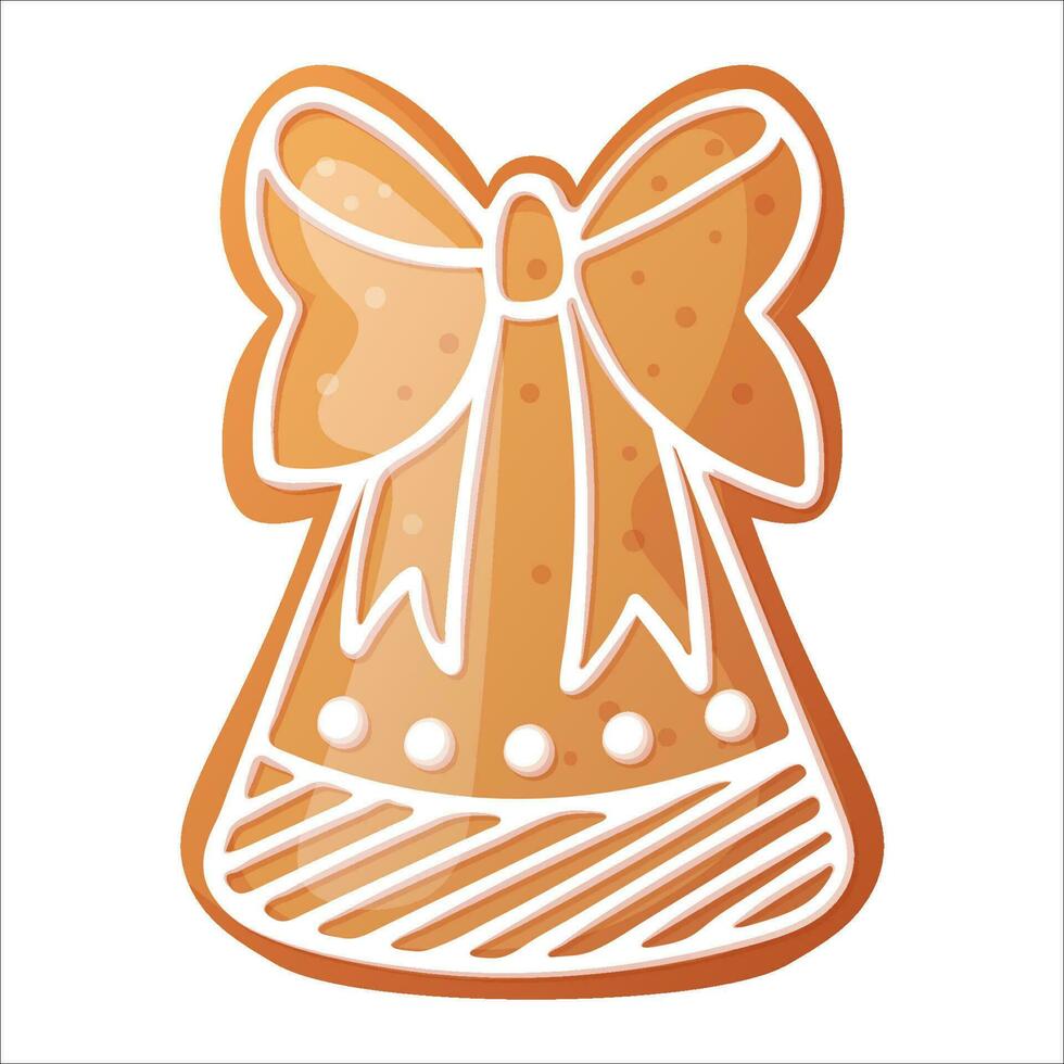 Christmas gingerbread bell with beautiful patterns of sweet icing. Holiday cookies on an isolated background. vector icon