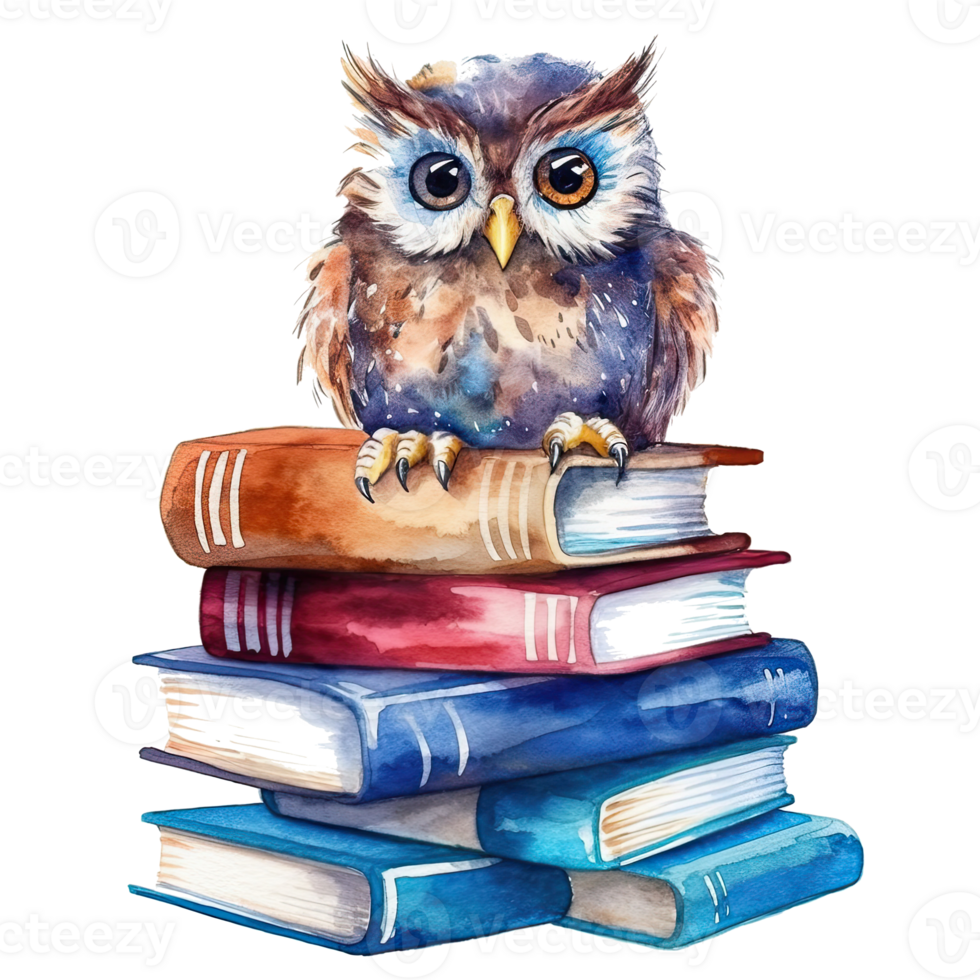 Watercolor Owl with books isolated. Illustration png