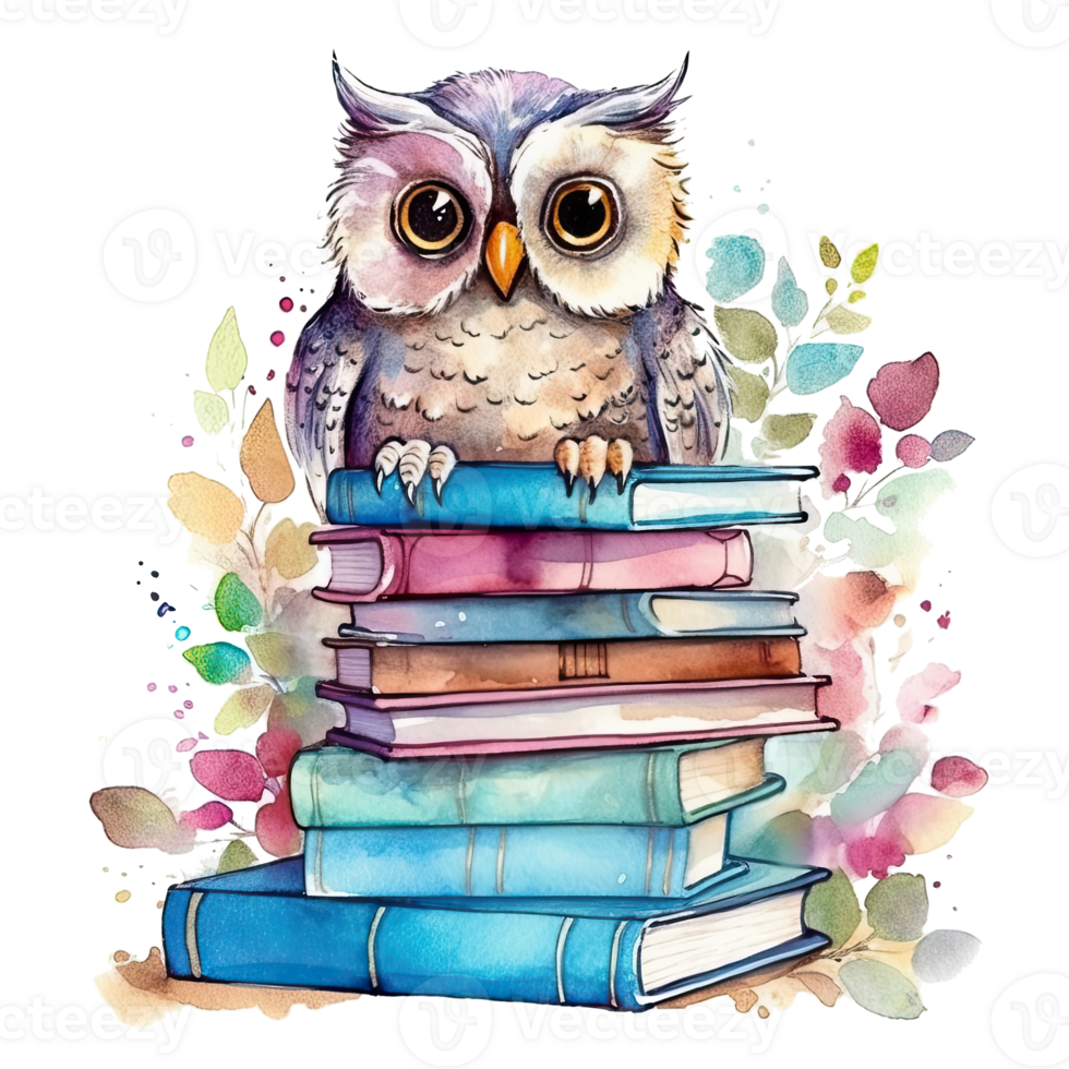 Watercolor Owl with books isolated. Illustration png