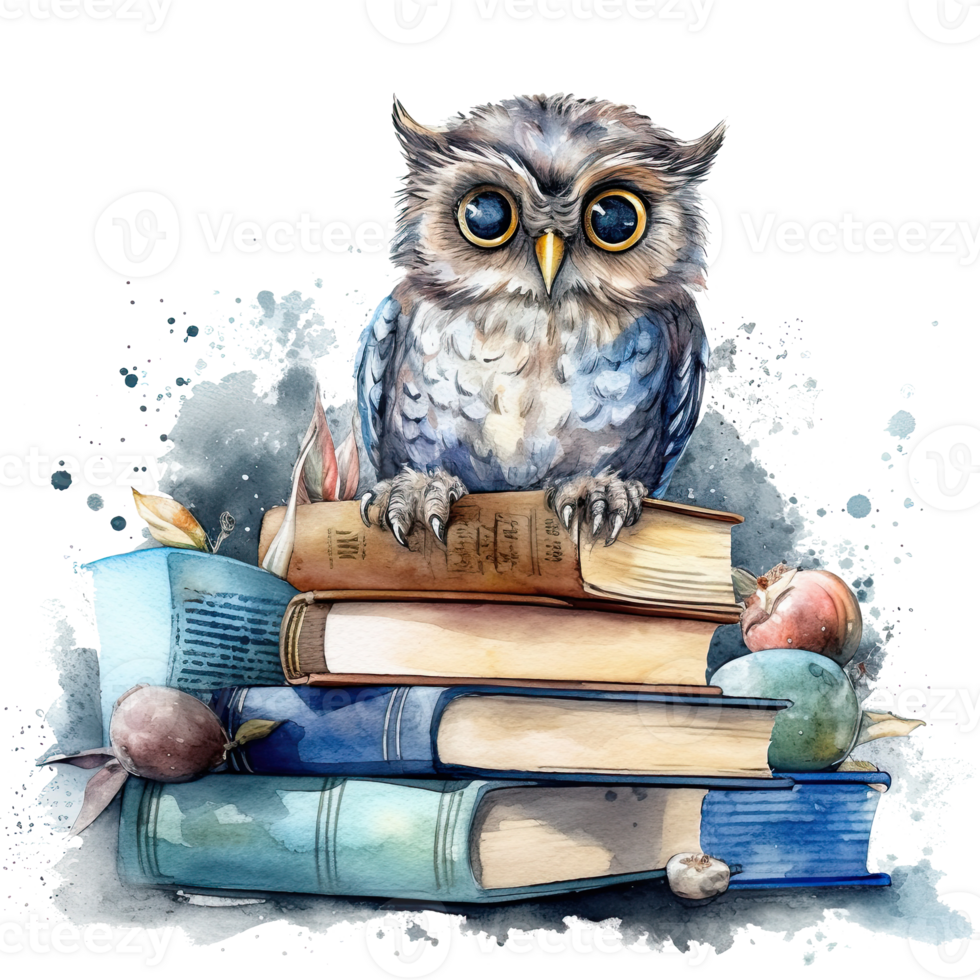Watercolor Owl with books isolated. Illustration png