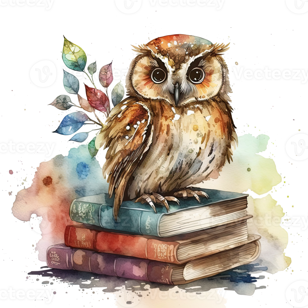 Watercolor Owl with books isolated. Illustration png