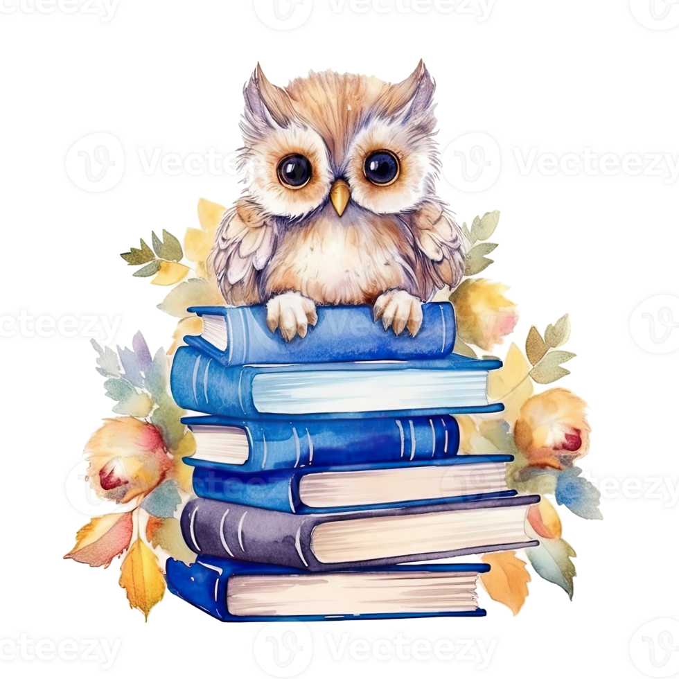 Watercolor Owl with books isolated. Illustration png