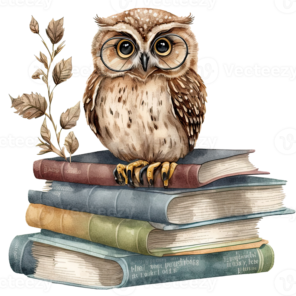 Watercolor Owl with books isolated. Illustration png