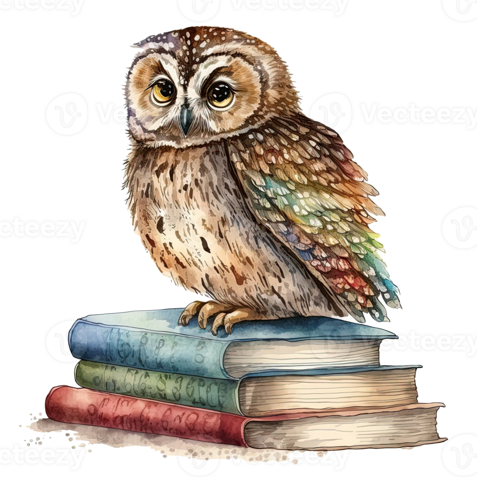 Watercolor Owl with books isolated. Illustration png