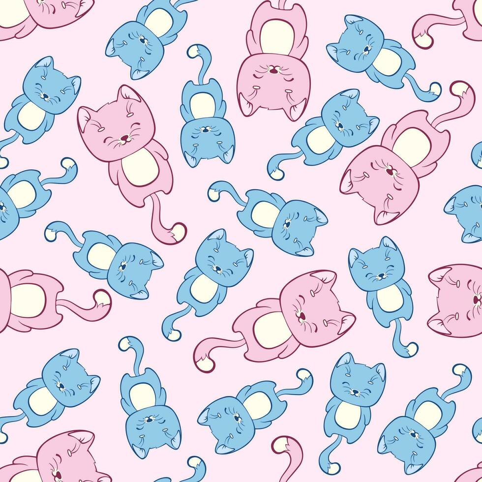 Seamless pattern of cute cats in kawaii style. Cartoon animals vector illustration.