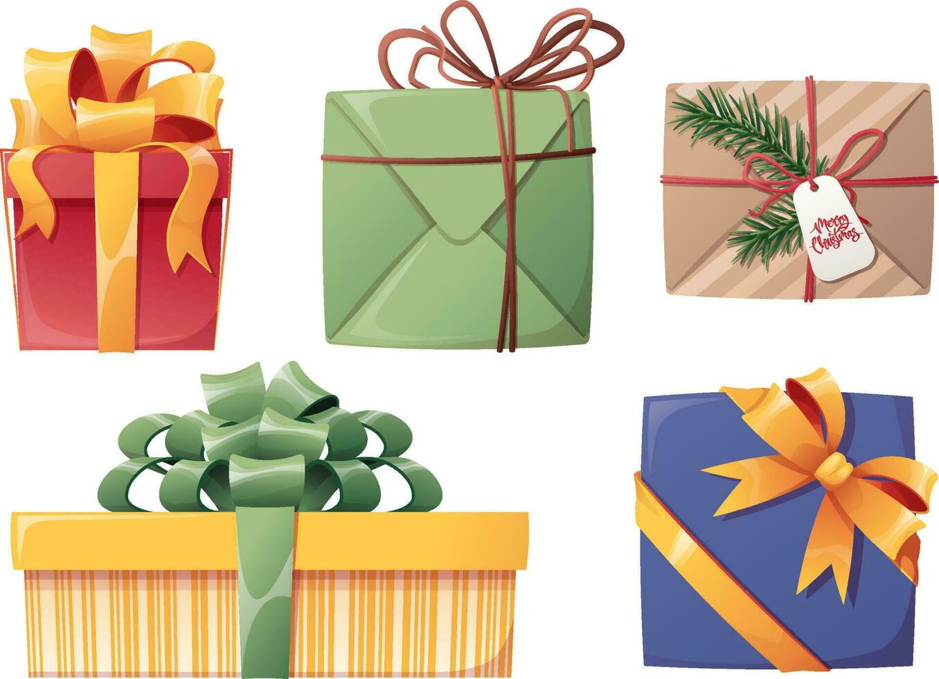 Set of gifts with bows on an isolated background. Boxes in wrapping paper with satin ribbons. Stickers, icons of gifts for christmas and new year vector