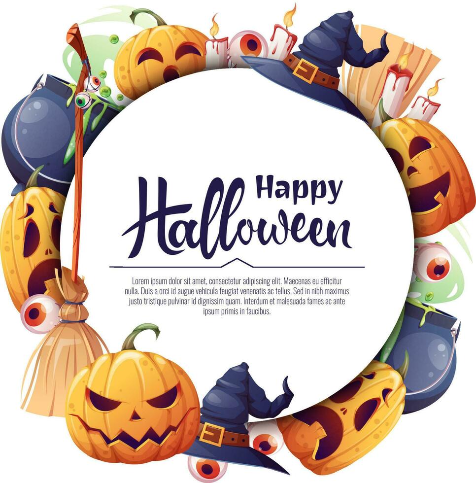 Vector background for Halloween invitation or greeting card. Pumpkins, witch s cauldron, broom hat. Great for flyer, banner, backdrop