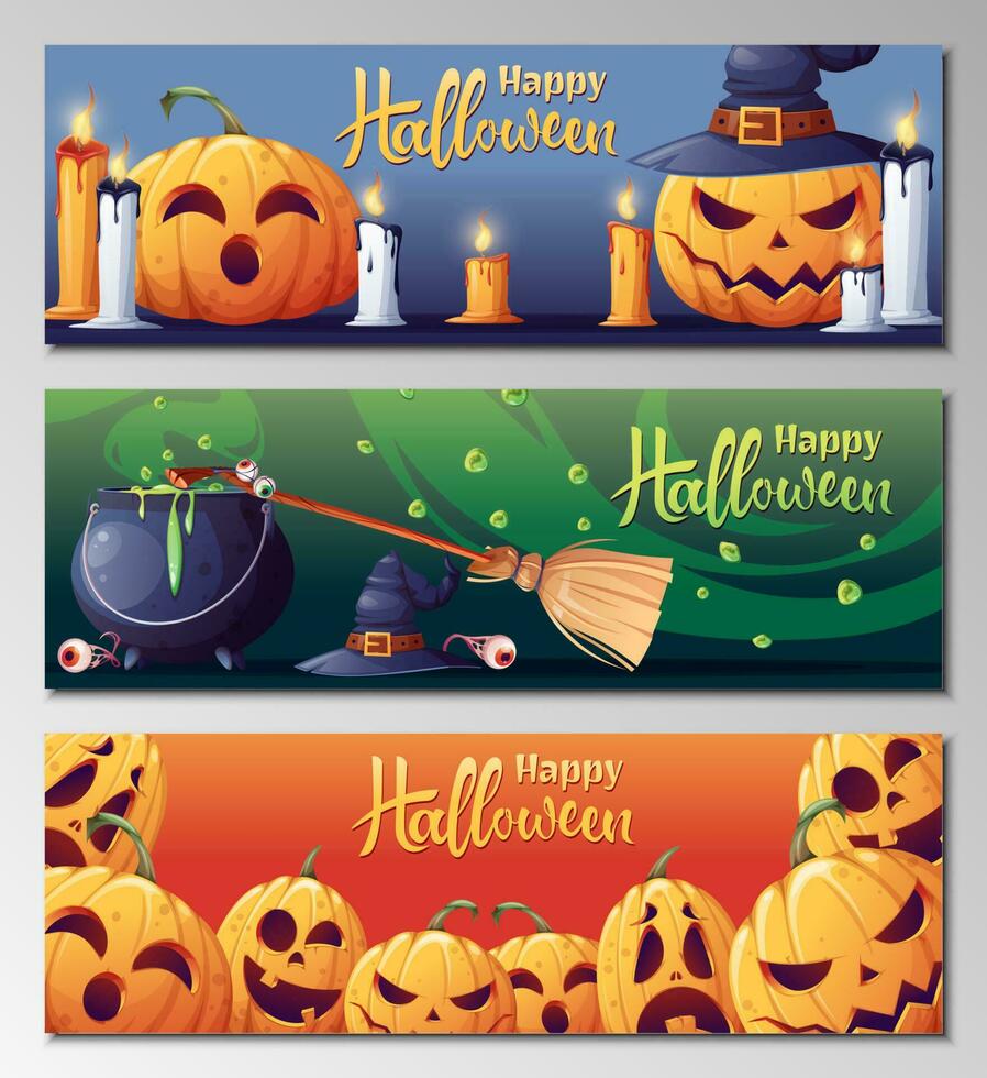 Vector set of Halloween banners and posters with pumpkin and candles, witches cauldron with potion, broom. Banner, poster, advertising for the holiday