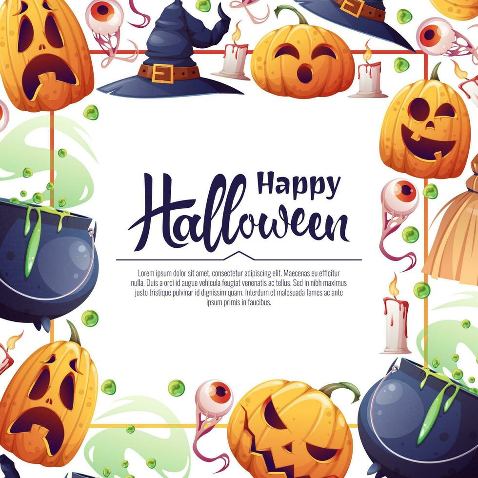 Vector background for Halloween invitation or greeting card. Pumpkins, witch s cauldron, broom hat. Great for flyer, banner, backdrop