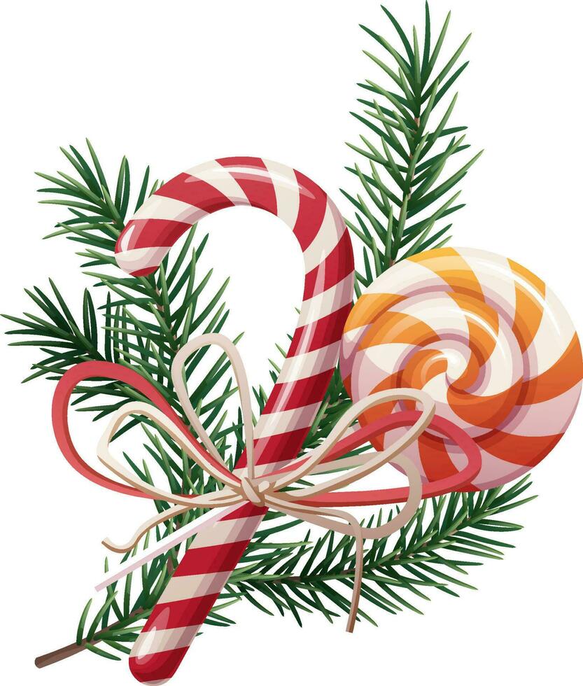 fir branch and christmas candy canes with a striped pattern on an isolated background. Themed decor for Christmas and New Year. Vector illustration