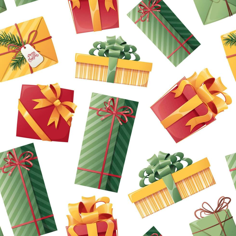 sin costura modelo con Navidad regalos. cajas en envase papel con satín cintas antecedentes para Navidad, fiesta envase papel, fondos de pantalla, textiles. vector