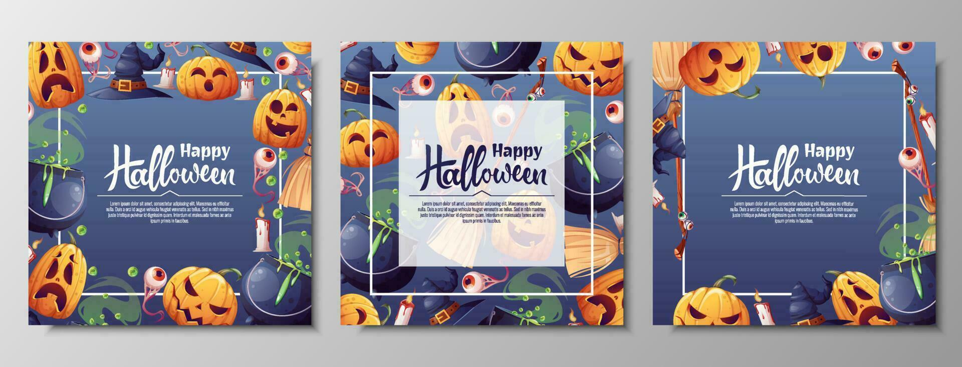 Set of vector backgrounds for Halloween invitation or greeting card. Pumpkins, witch s cauldron, broom hat. Great for flyer, banner, backdrop