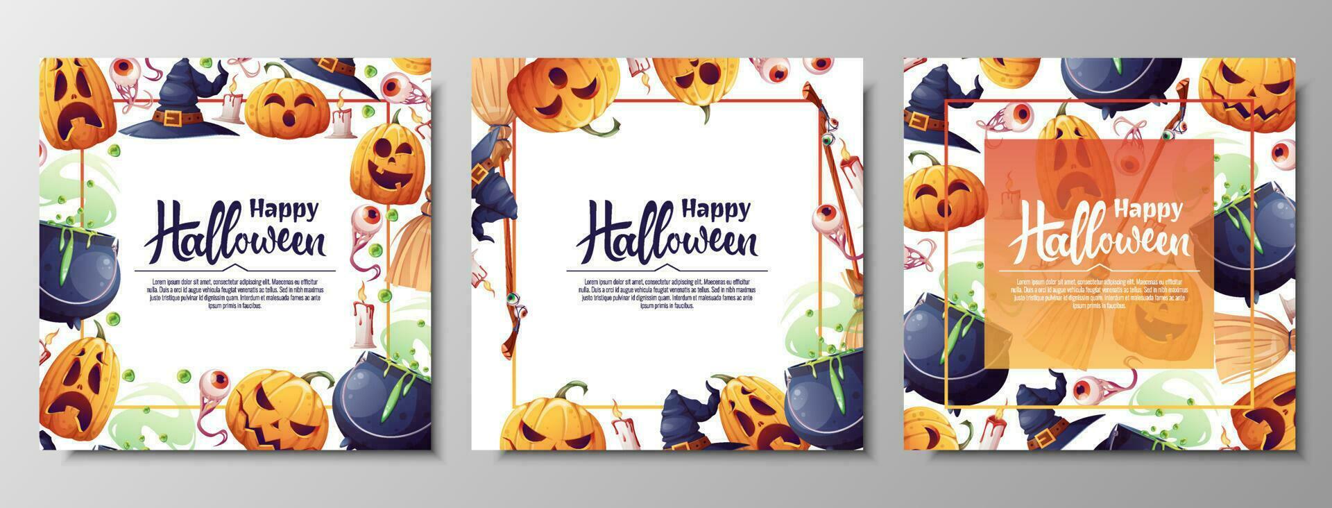 Set of vector backgrounds for Halloween invitation or greeting card. Pumpkins, witch s cauldron, broom hat. Great for flyer, banner, backdrop