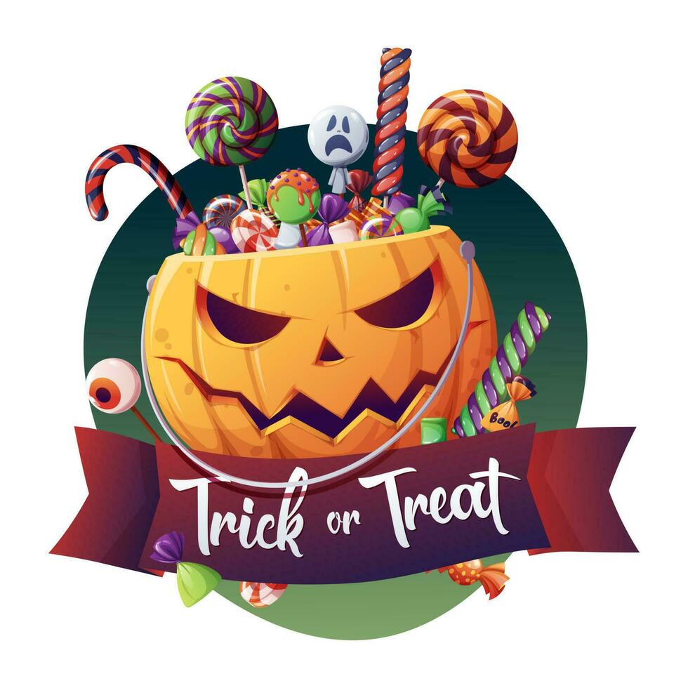 Vector illustration for Halloween party invitation or greeting card. Pumpkin with sweets. Trick or treat. Suitable for banners, posters, cards, flyers