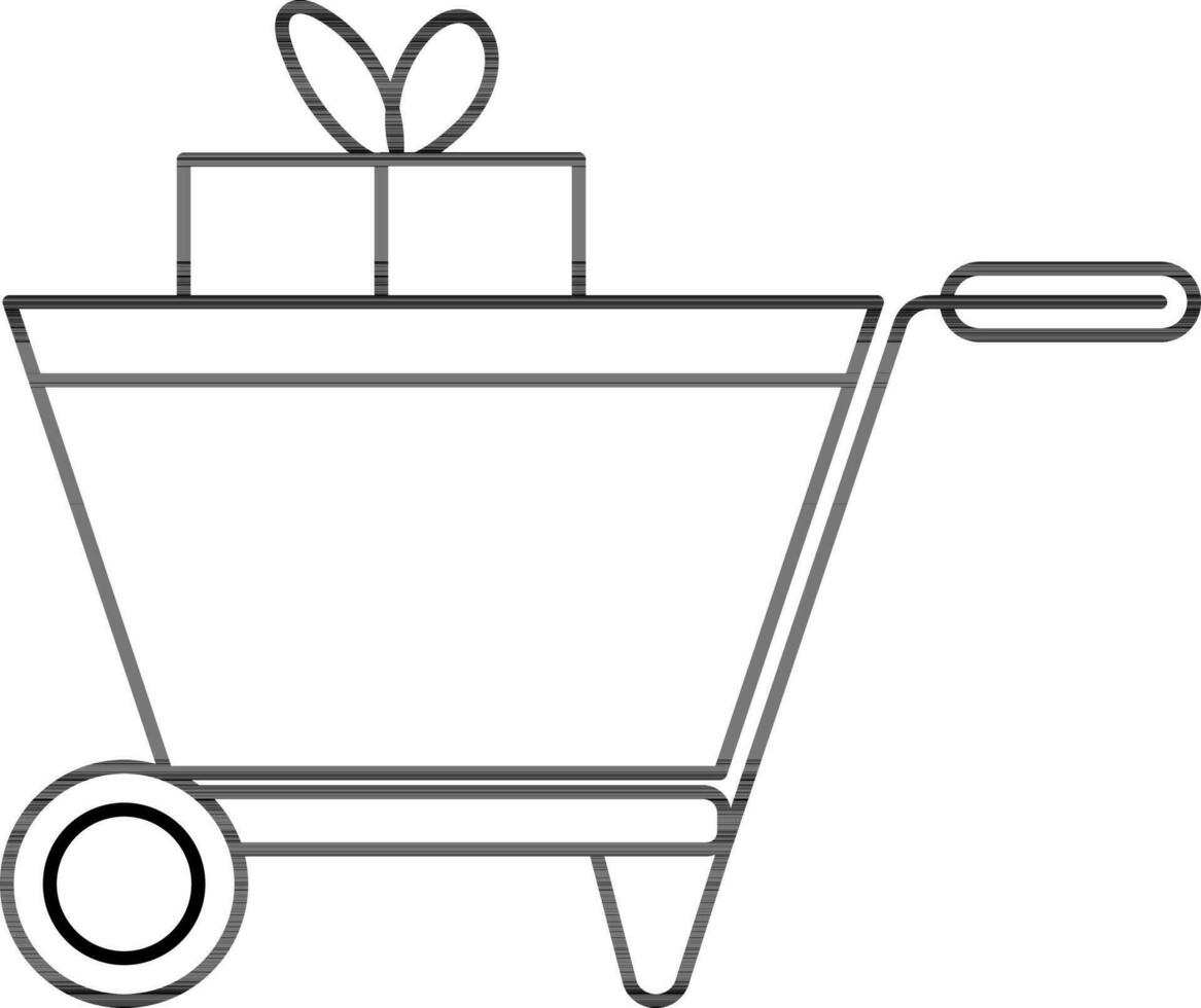 Shopping Cart With Gift Box Icon In Black Outline. vector