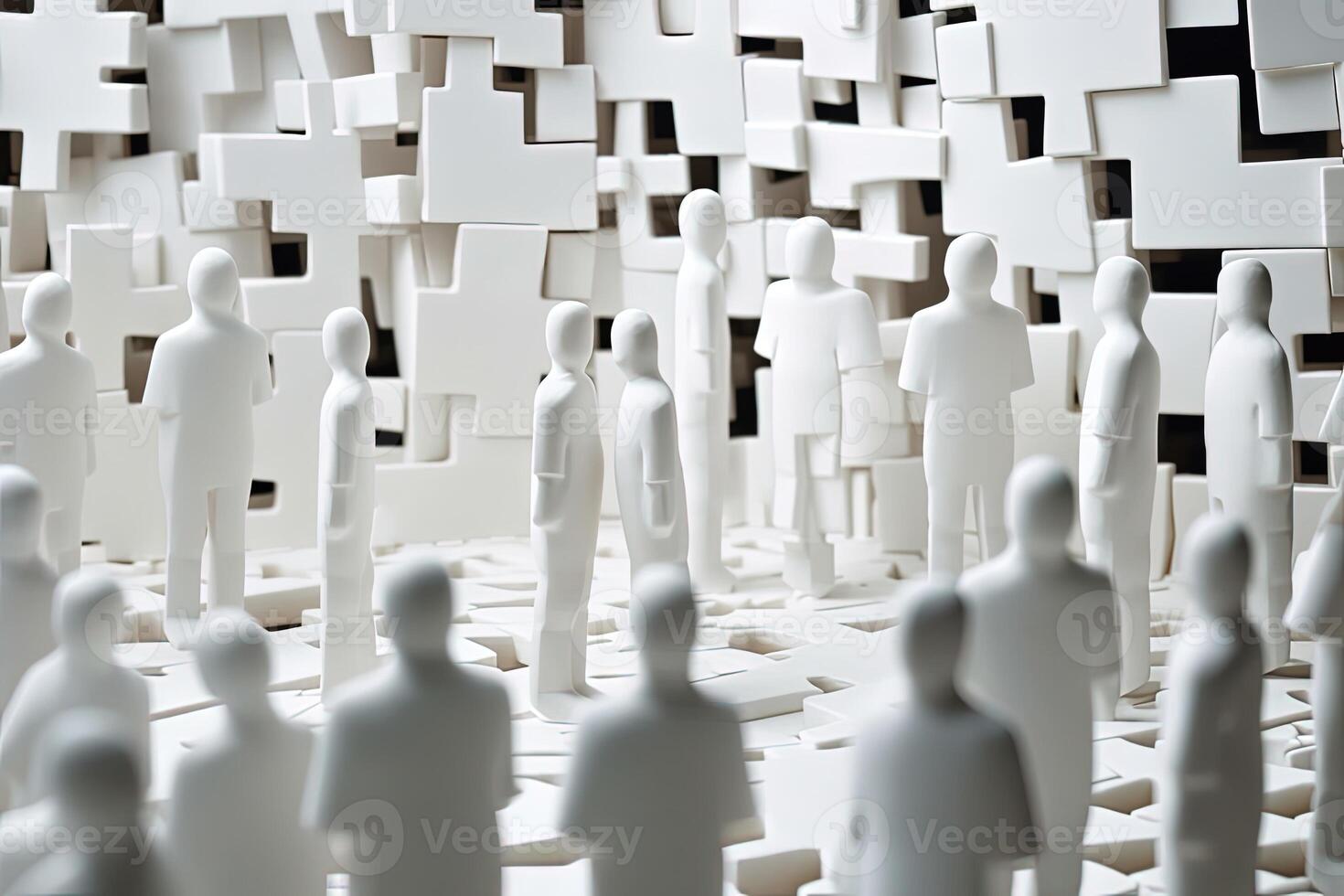 Human Figures or Mannequins on 3D White Puzzle Pieces Background. Created by Technology. photo