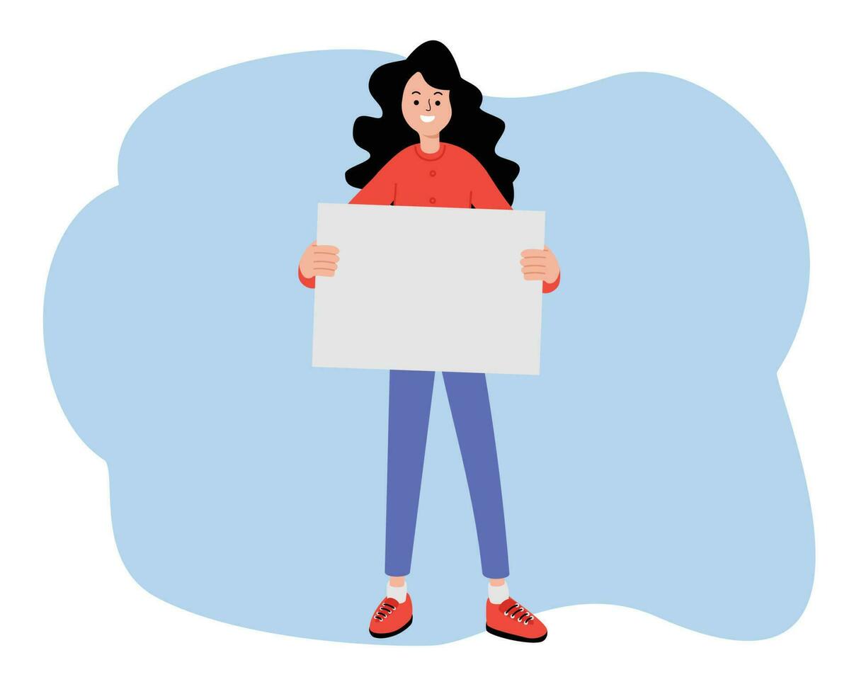 flat vector illustration of woman holding blank paper