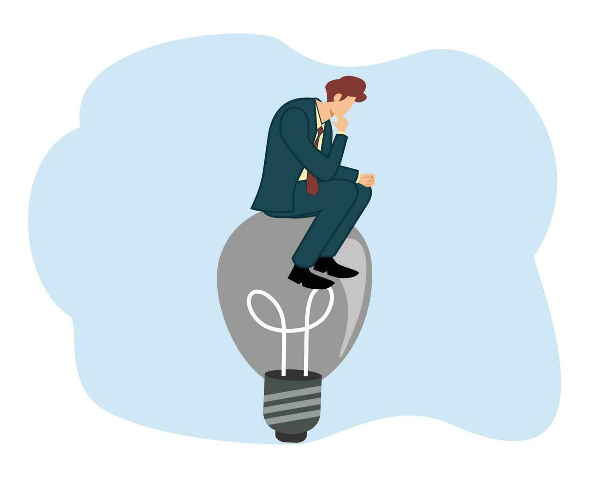businessman sitting at a burnt out light bulb. concept has no idea. concept thinking idea vector