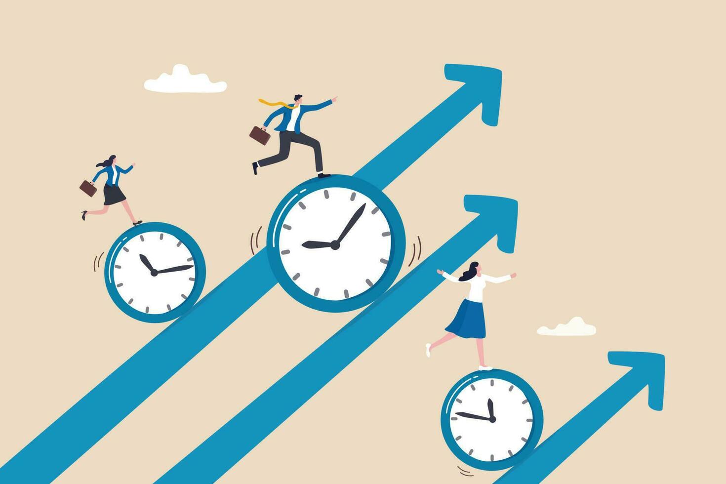 Time management, effort or efficiency boost, productivity to finish project, teamwork or planning, multitasking or finish work within deadline concept, business people riding clock up rising arrow. vector