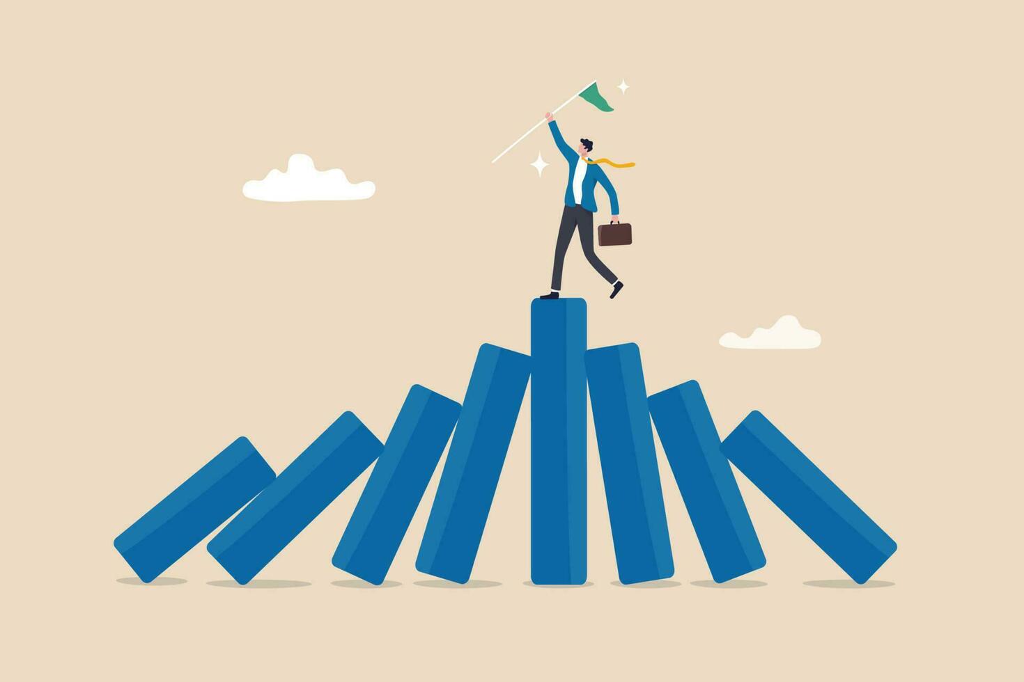 Winner take all, survive business competition or strength to overcome difficulty, economic crisis or recession, business winner concept, success businessman on stand strong bar graph domino collapse. vector
