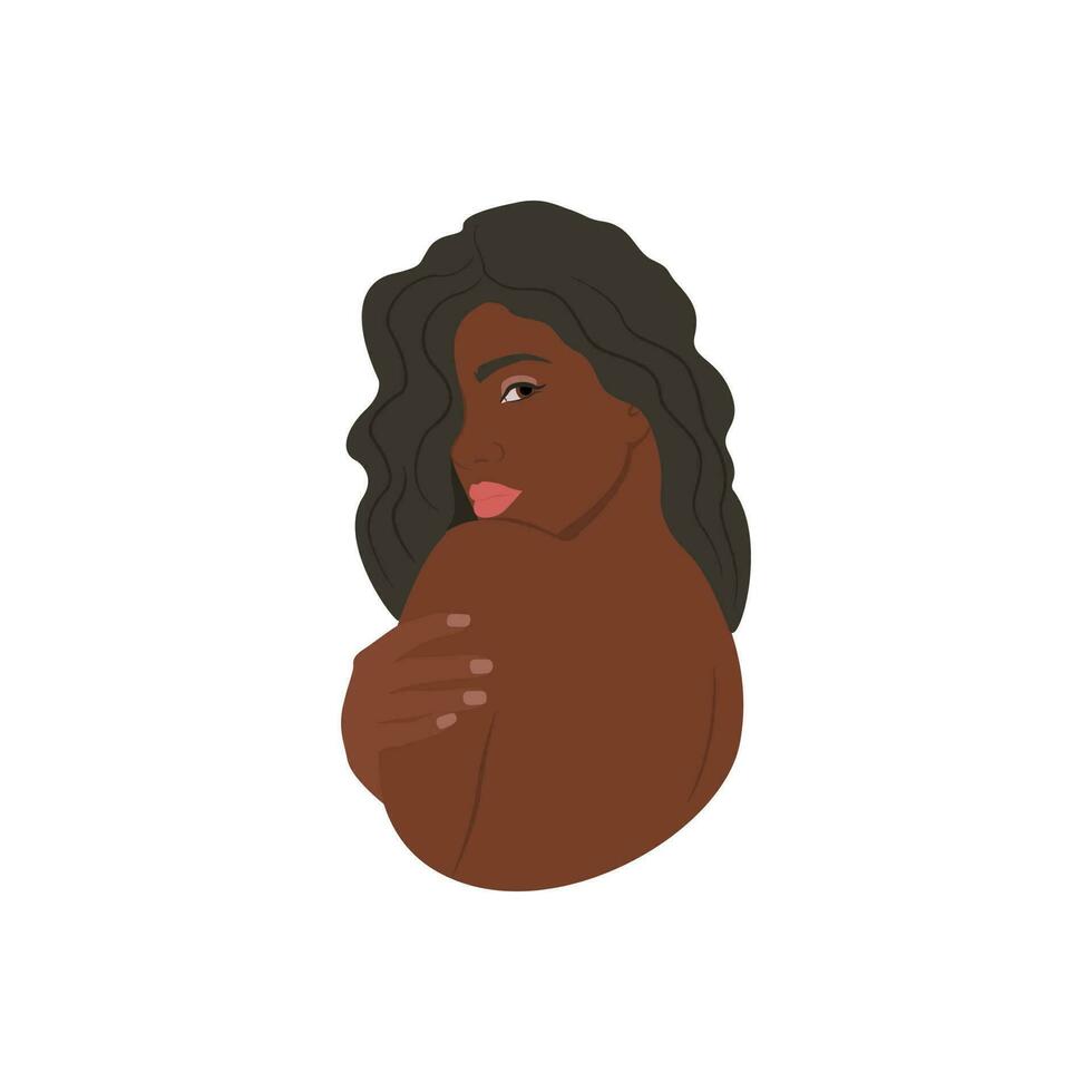 africano mujer abrazando sí misma, amor y cuidados personales, vector ilustración. negro mujer