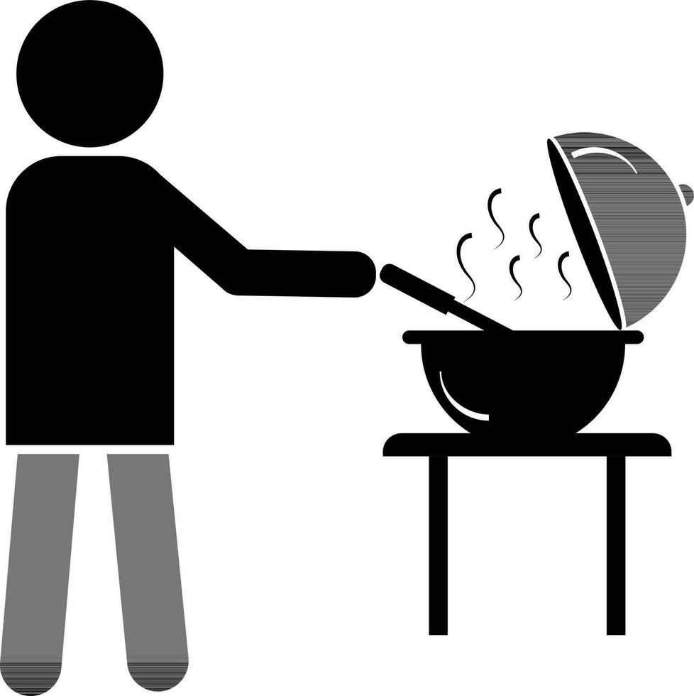 Character of man cooking food in casserole pan. vector