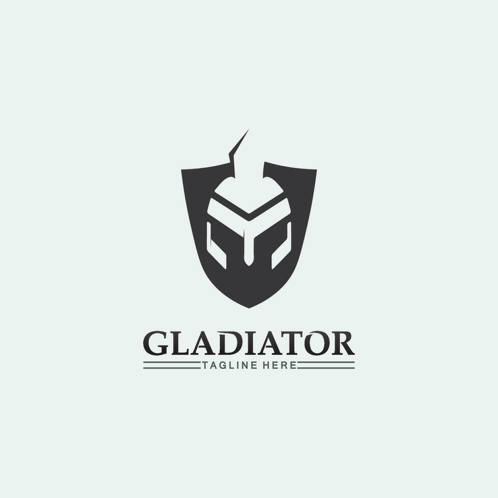 logo de casco espartano y gladiador, poder, vintage, espada, seguridad, logo legendario y vector de soldado clásico