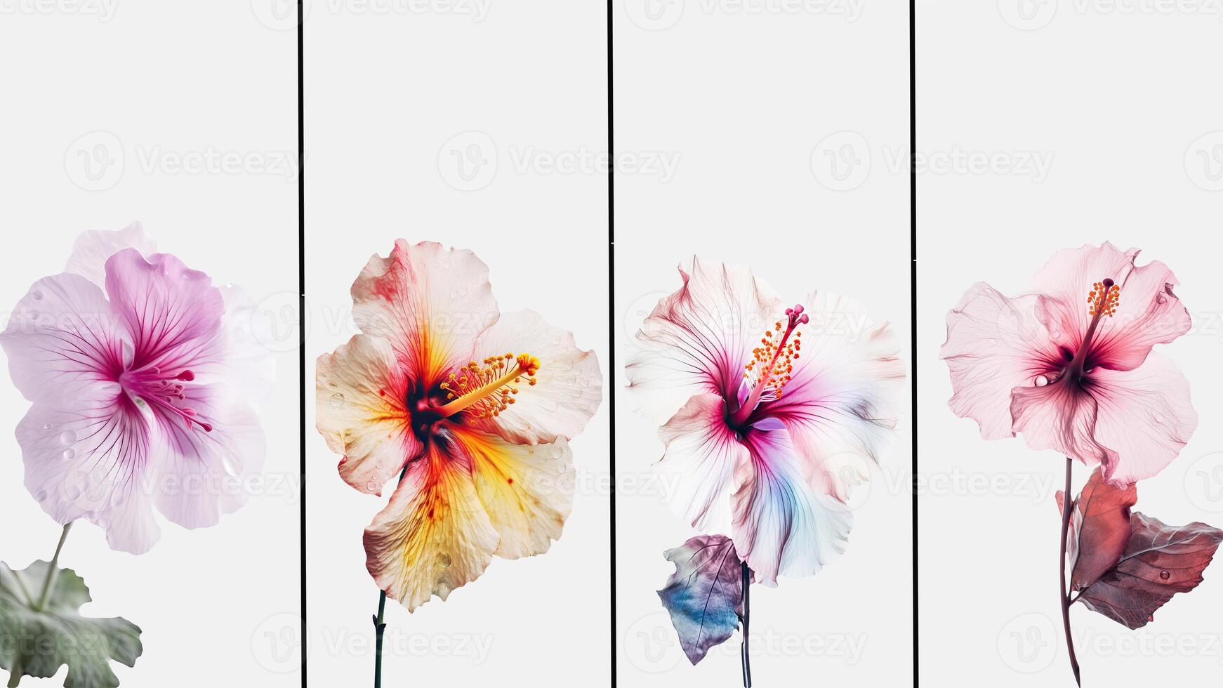 Watercolor Hibiscus Flowers with Leaves on White Background in Four Options. Template or Vertical Banner Design. . photo