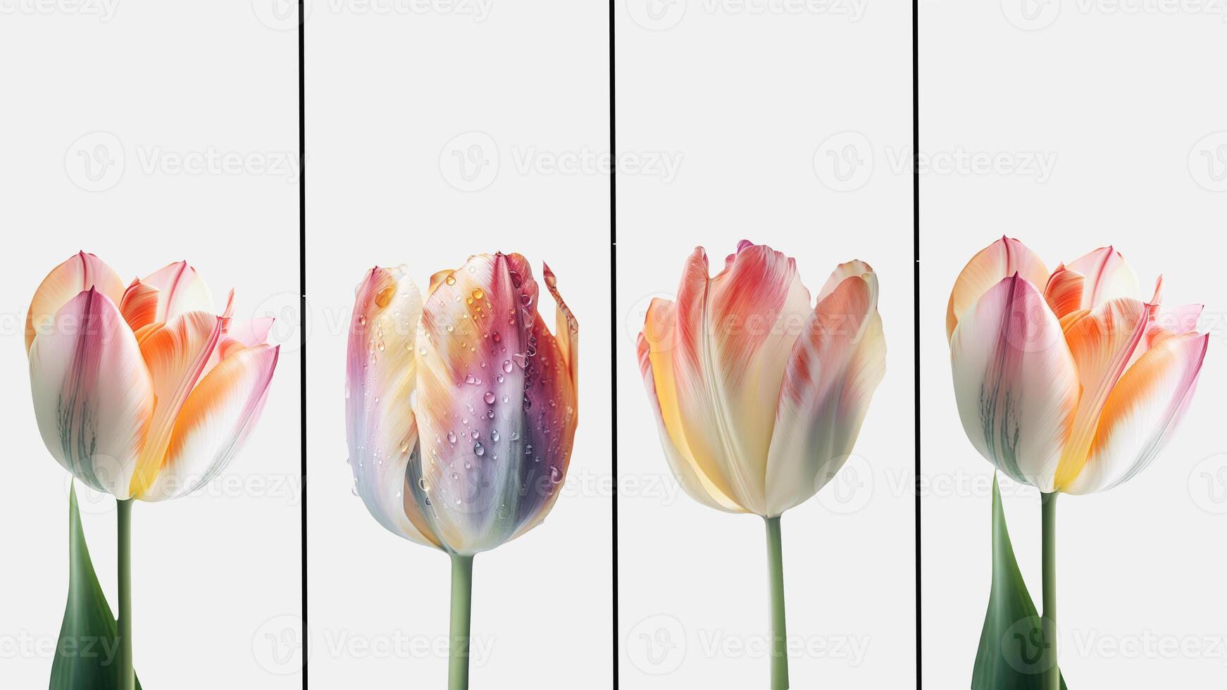 Beautiful Tulip Flowers with Leaves on White Background in Four Options. Template or Vertical Banner Design. . photo