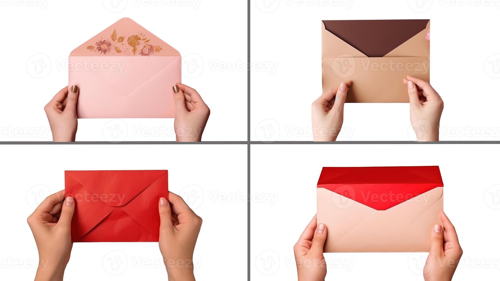 Set of Female Hands Holding Envelopes on White Background, Illustration. photo