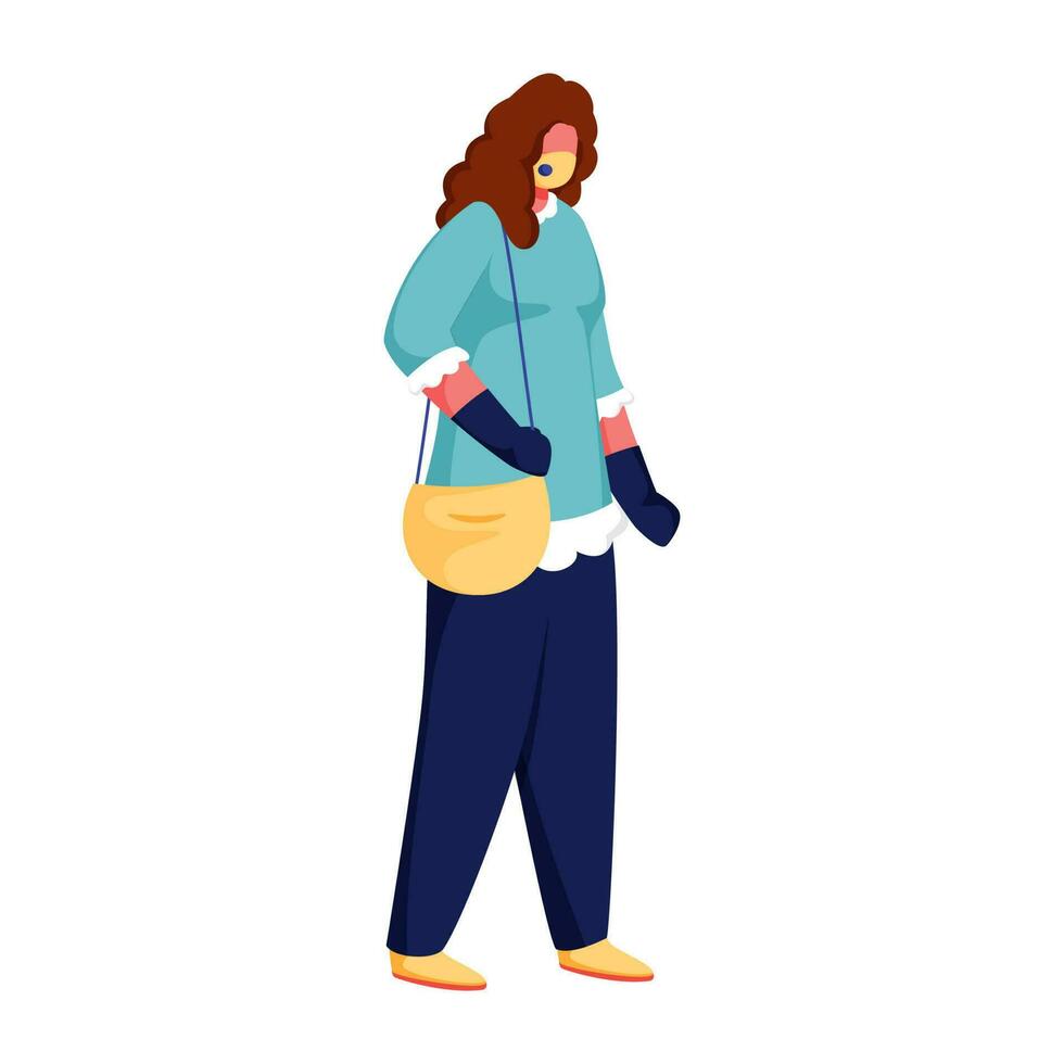 dibujos animados joven mujer vestir protector máscara con guantes y bolso en caminando pose. vector